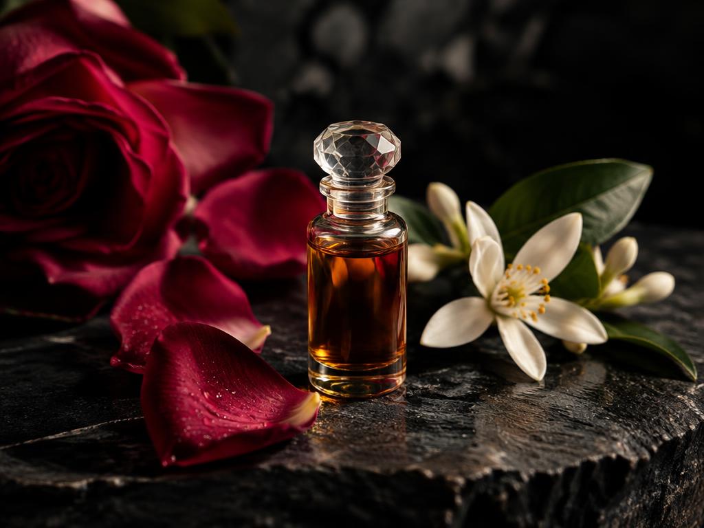 A small vial of amber floral absolute beside rose petals and orange blossom