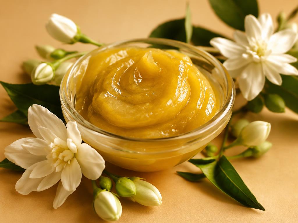 Golden waxy floral concrete in a glass dish with jasmine flowers