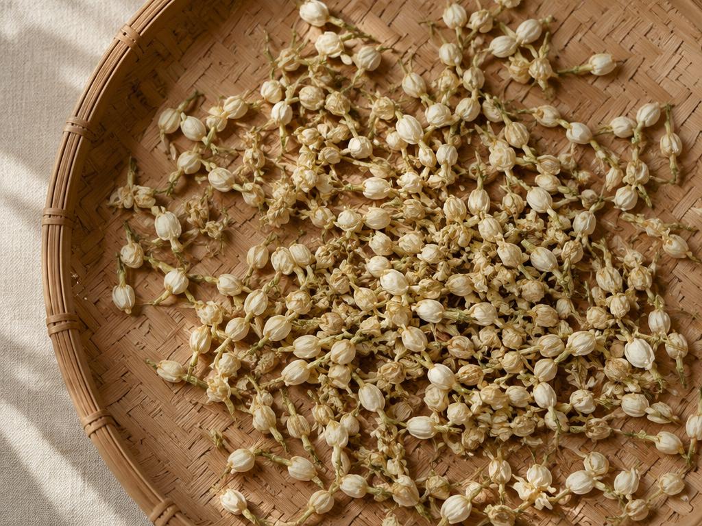 Dried jasmine flowers spread across a woven tray