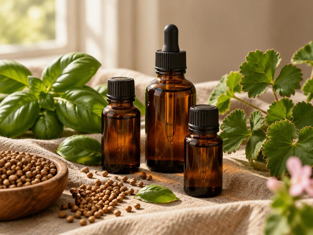 Amber bottles of essential oil with basil, geranium leaves and seeds