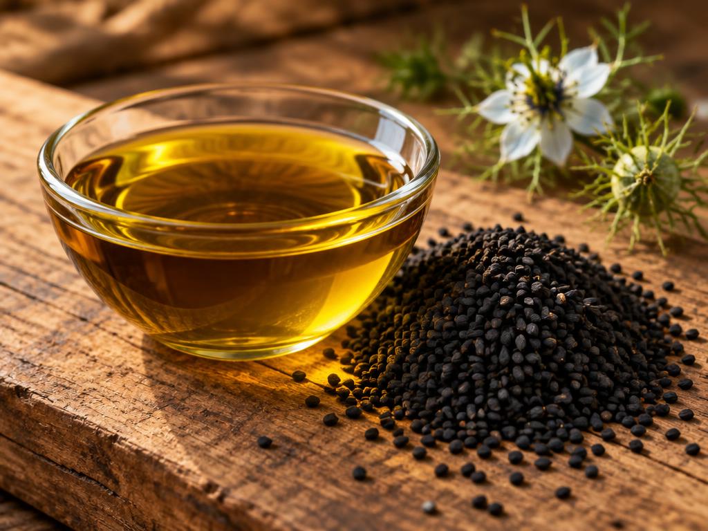 Golden seed oil in a glass dish beside black cumin seeds