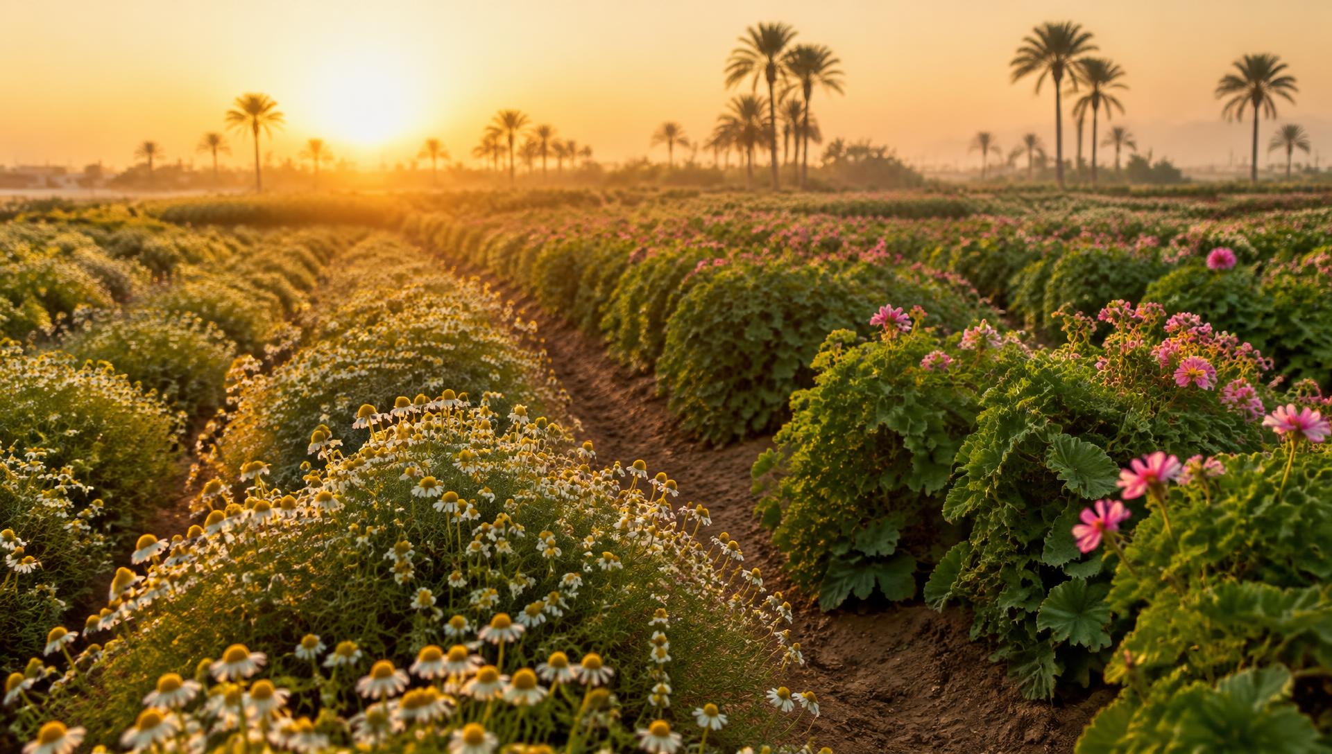 Rows of flowering aromatic herbs in an Egyptian field at sunset