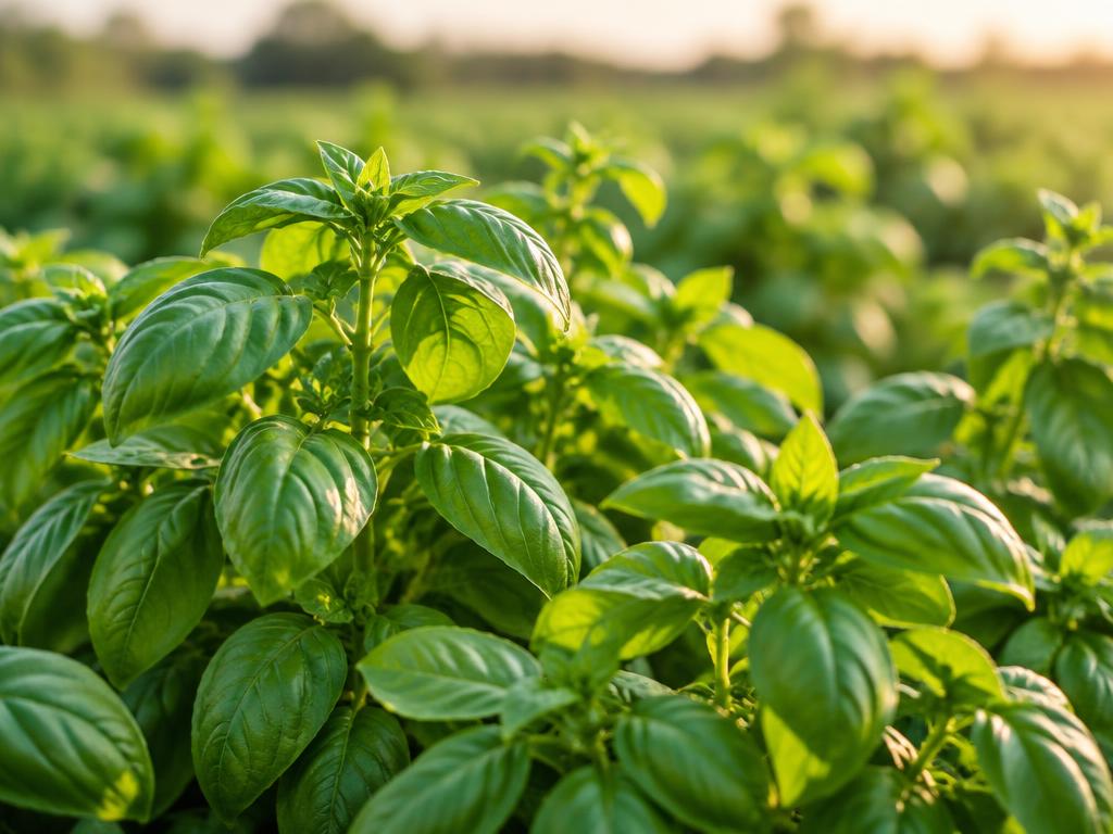 Lush green basil plants in a field
