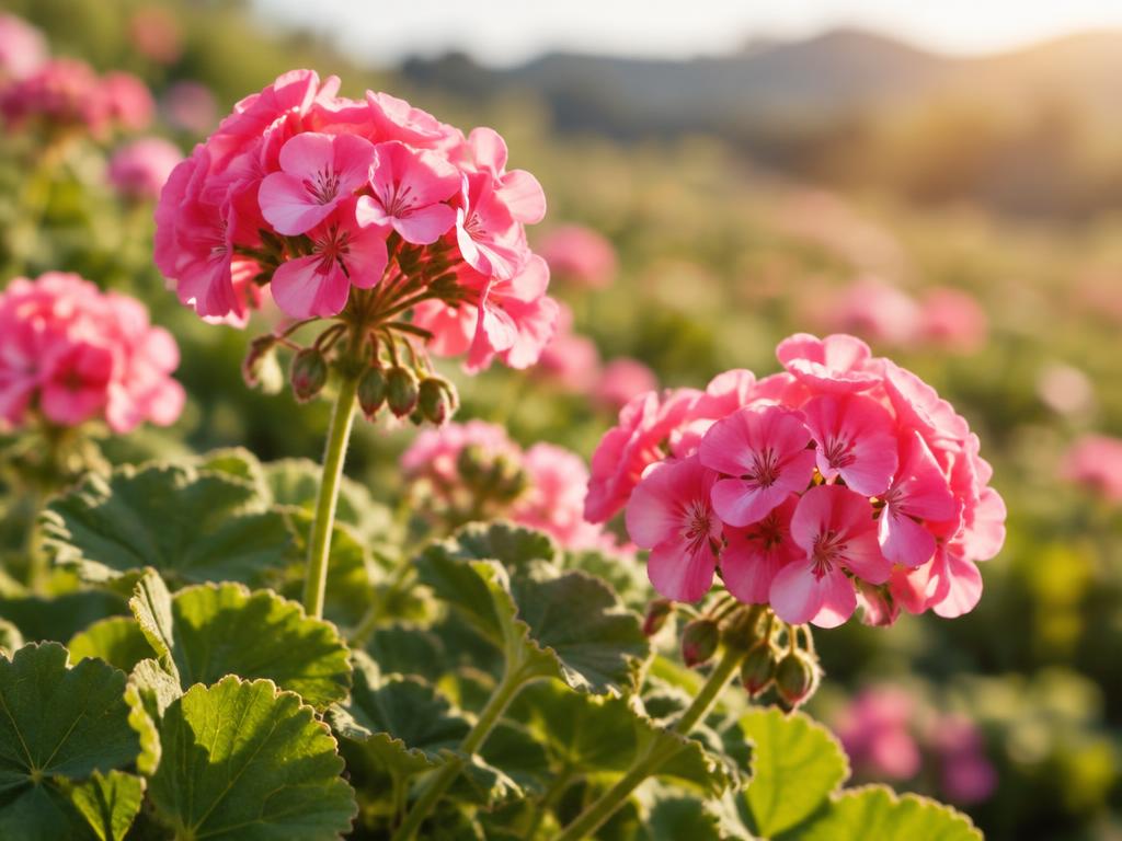 Pink geranium flowers and leaves in sunlight