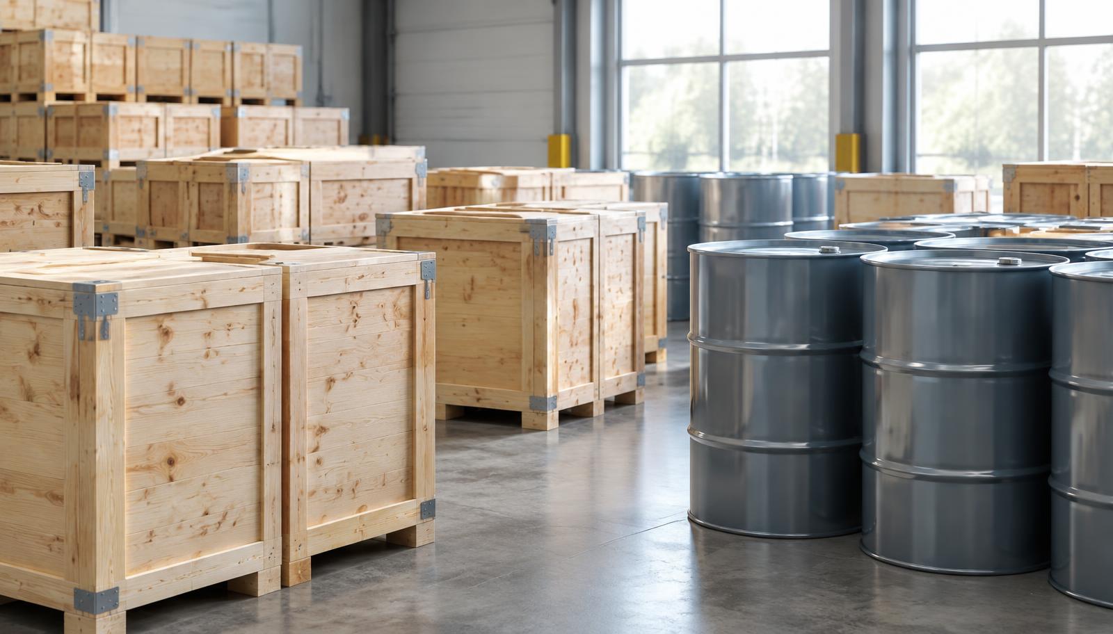 Export crates and sealed drums in a warehouse